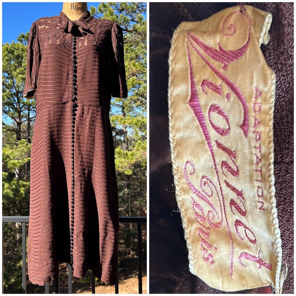 RARE Vintage 30s Adaptation Vionnet Paris Brown Illusion Cut-Out Day Dress